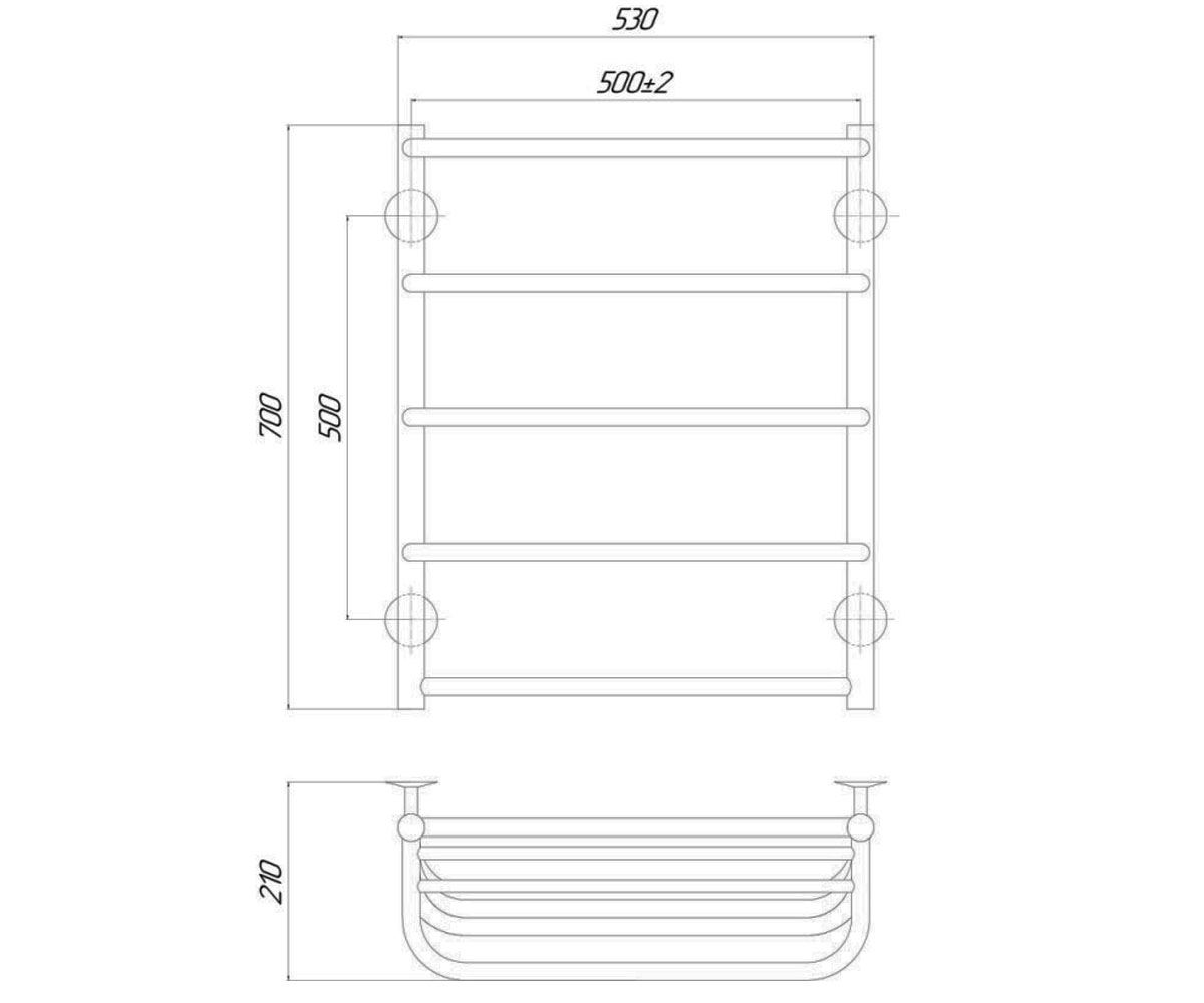 Полотенцесушитель водяной 53х70 см  STANDARD SHELF QTSTNDCRMP5500700SH:Чертеж 