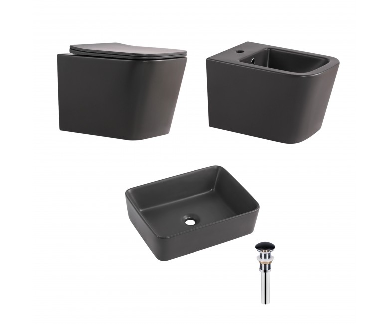 Комплект Qtap Tern Anthracite 3 в 1: підвісний унітаз Ultra Quiet + біде підвісне + раковина накладна QTROBAN49157 QTAP  QTTERAN49161 QTTERAN49161
