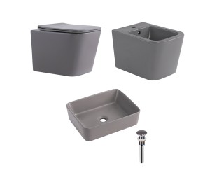 Комплект Qtap Tern Stone grey 3 в 1: підвісний унітаз Ultra Quiet + біде підвісне + раковина накладна QTTERSG49162 QTAP  QTTERSG49162