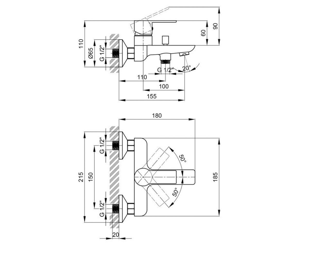 Смеситель для ванны  USTEK QTUS3016107DC:Чертеж 