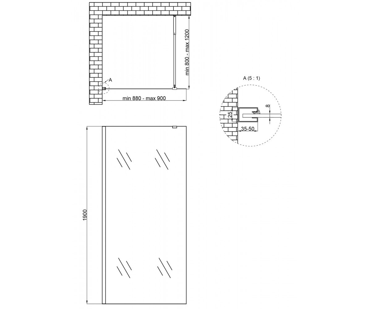 Неподвижная душевая перегородка  STANDARD STDBLM209C8:Чертеж 