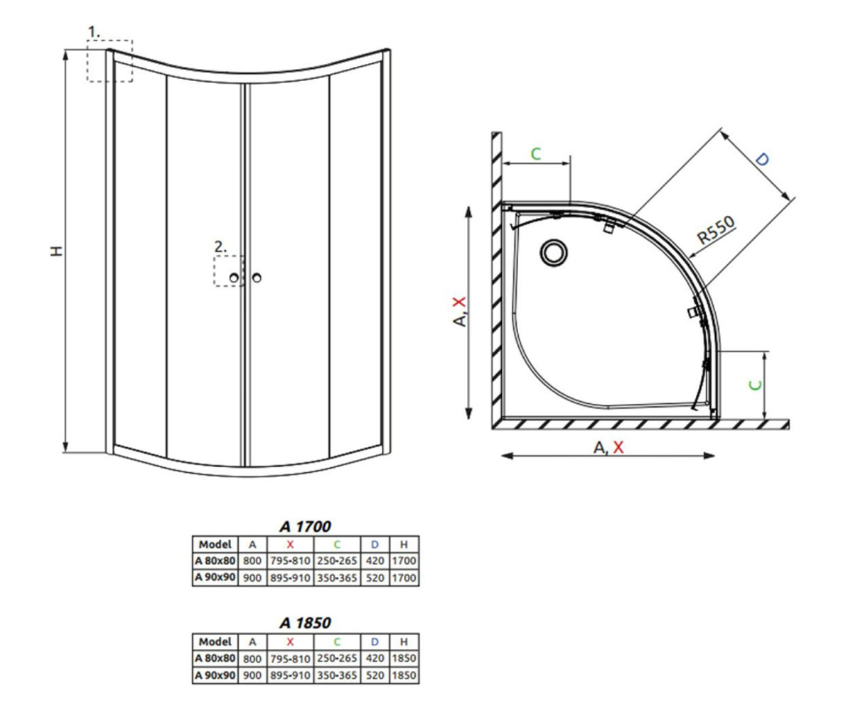 Душевой уголок 1/4 круга  CLASSIC A 30010-01-05:Чертеж 