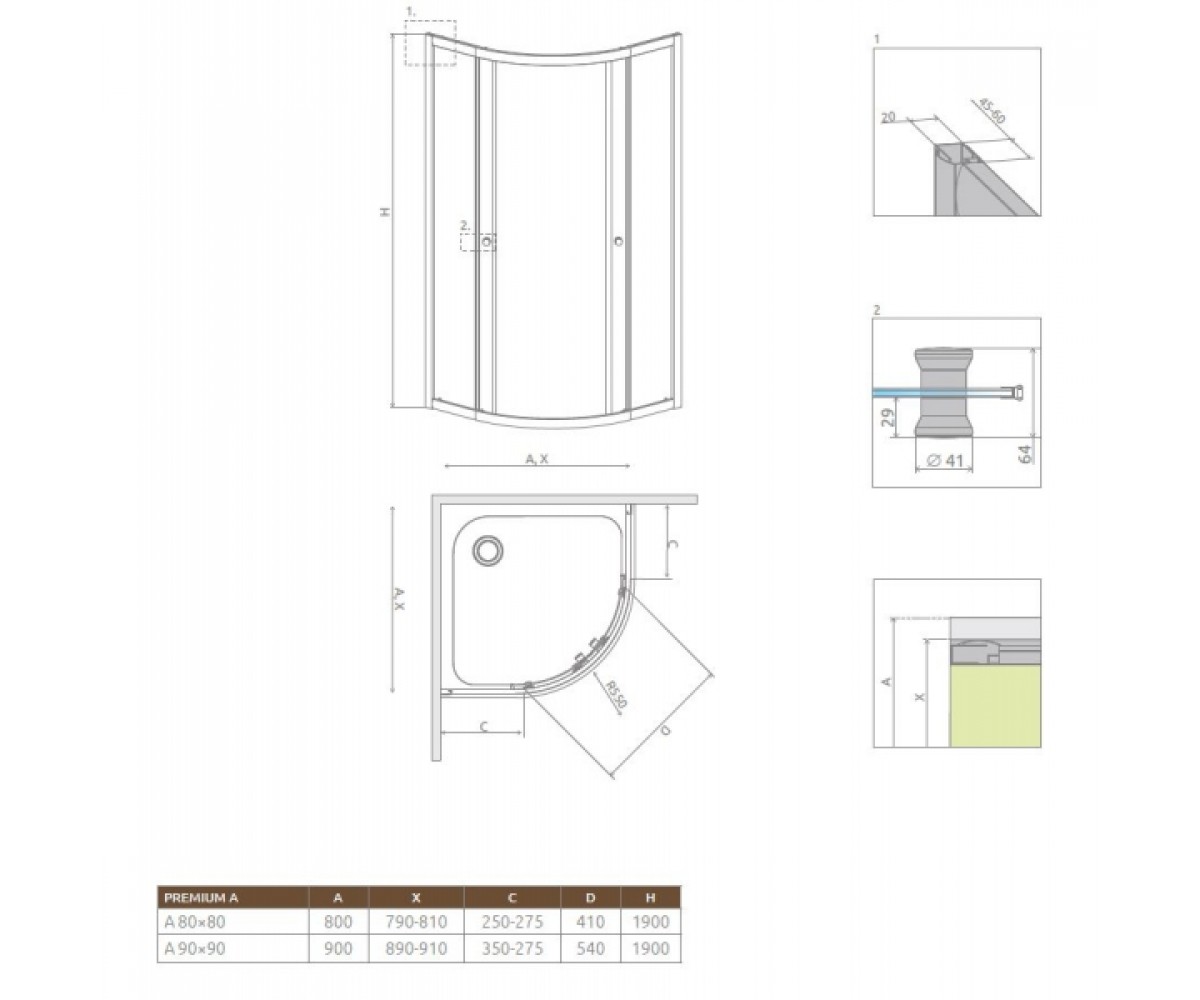 Душевая кабина 90x90 см  PREMIUM A 30403-01-08:Чертеж 