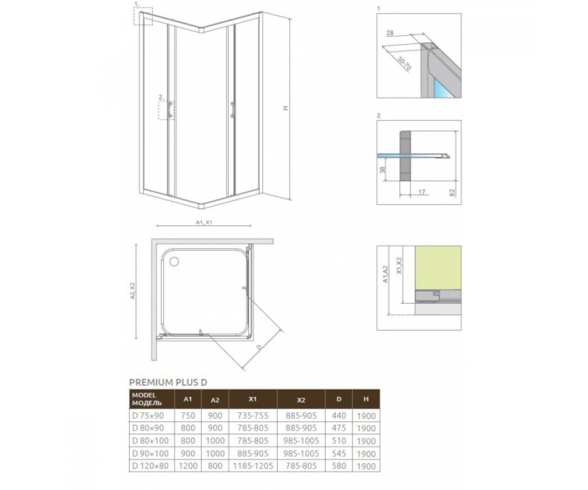 Душевая кабина 90x100 см  PREMIUM PLUS D 30436-01-01N:Чертеж 