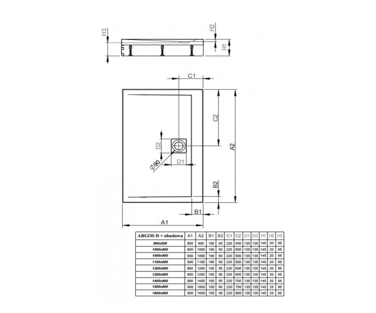 Поддон душевой на ножки  ARGOS D 4ADN812-02:Чертеж 
