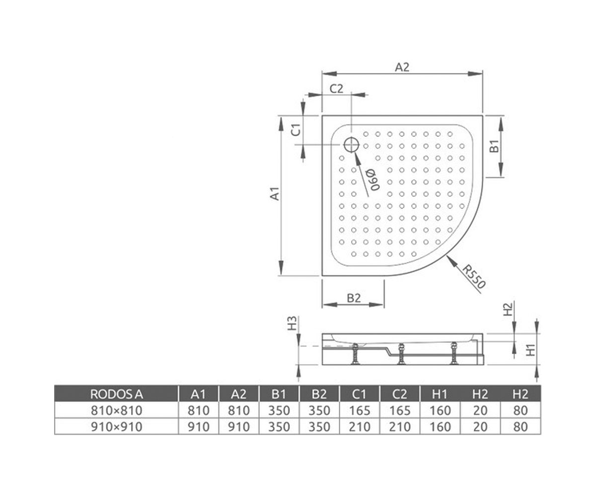 Акриловый поддон для душа  RODOS A COMPACT 4P88155-03:Чертеж 