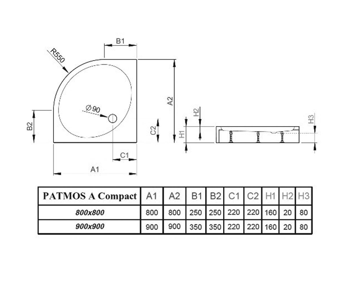 Поддон душевой на ножки  PATMOS A COMPACT 4S88155-05:Чертеж 