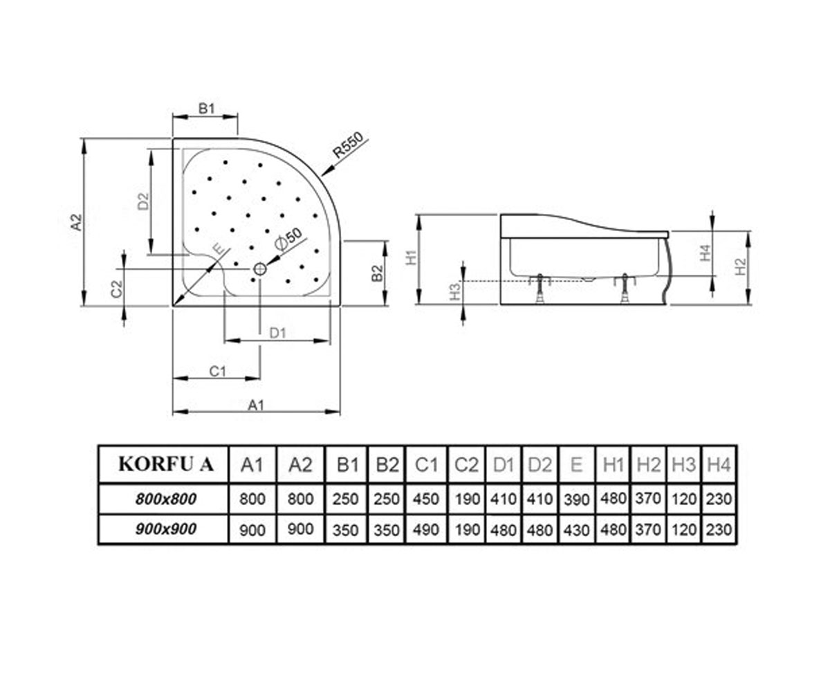 Душевой поддон акриловый  KORFU А 4S88400-03:Чертеж 