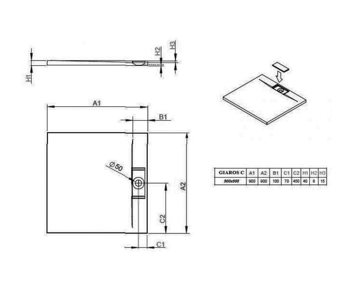 Квадратный поддон  GIAROS C MKGC9090-03:Чертеж 