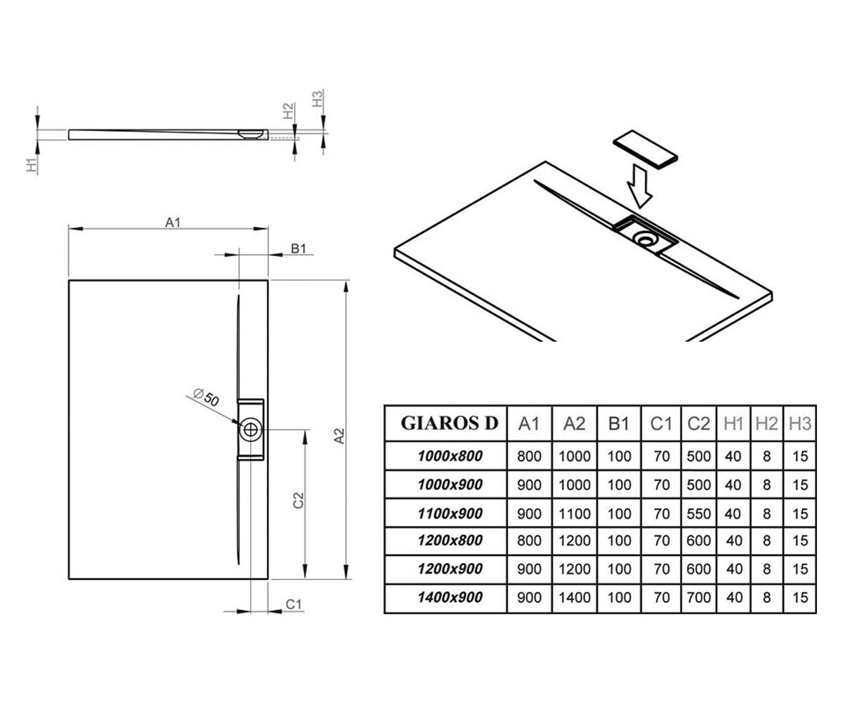 Прямоугольный поддон для душа  GIAROS D MKGD1280-03:Чертеж 