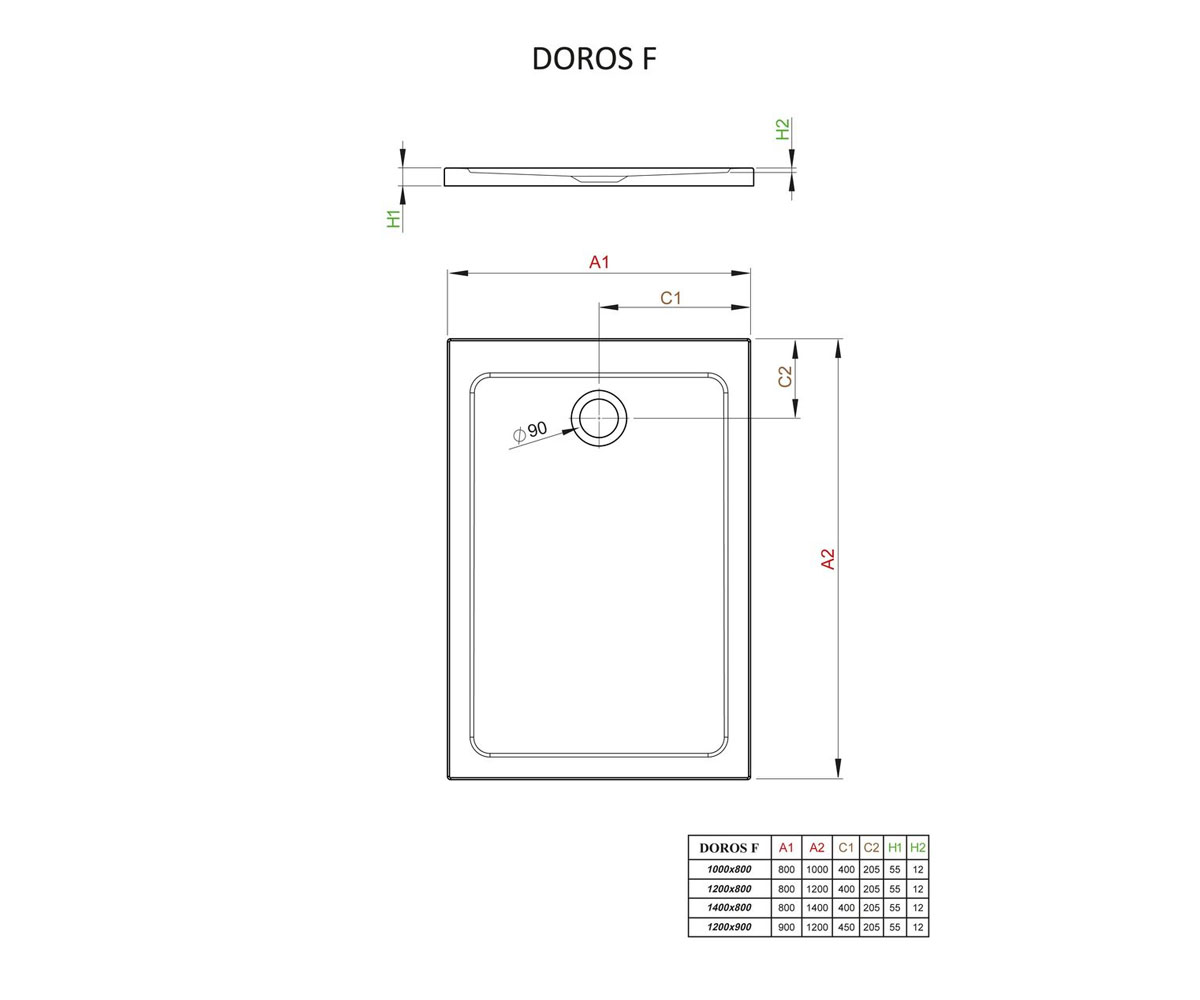 Поддон для душа акриловый  DOROS F SDRF1080-01:Чертеж 