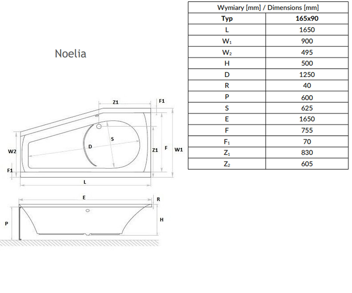 Угловая левосторонняя ванна  NOELIA WA1-49-165X090L:Чертеж 
