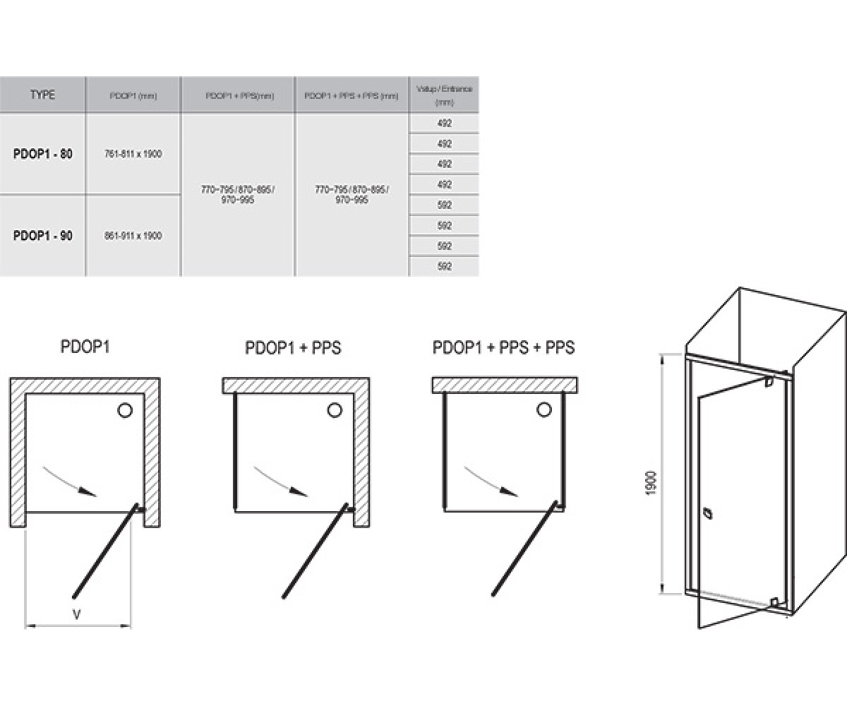 Душевая дверь  PIVOT PDOP1-90 03G70C00Z1:Чертеж 
