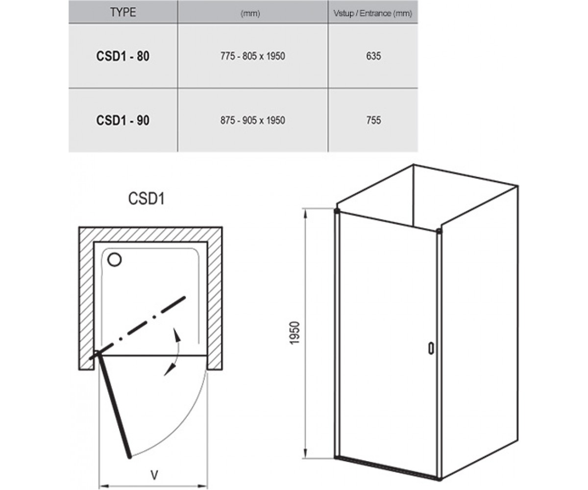 Душевая дверь  CHROME CSD1 0QV70U00Z1:Чертеж 
