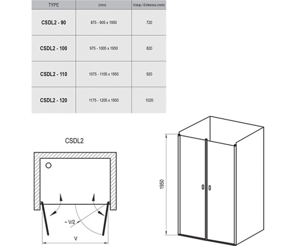 Душевая дверь  CHROME CSDL2-90 0QV7C10LZ1:Чертеж 
