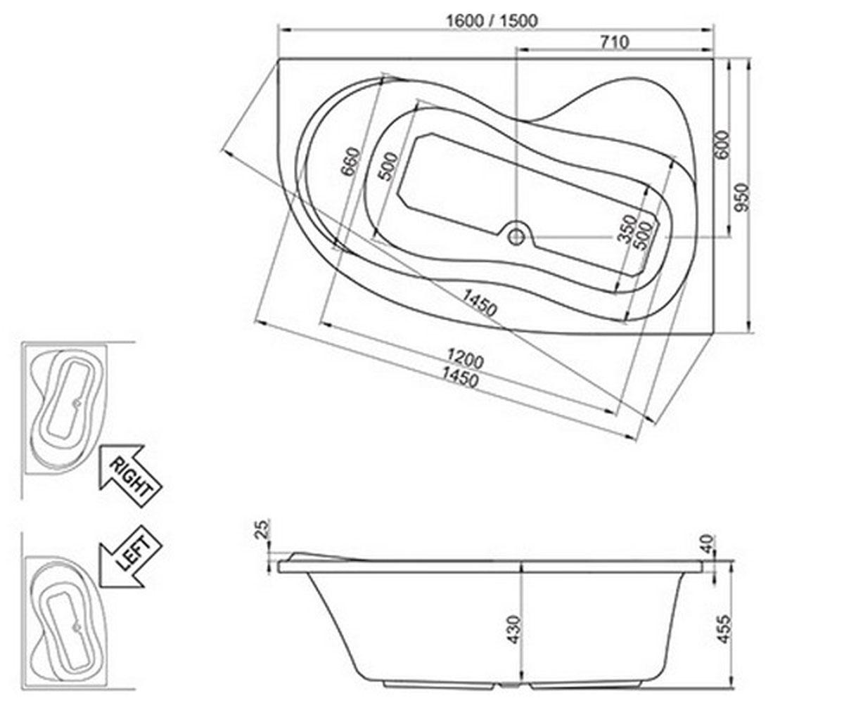 Правосторонняя ванна  ROSA 95 R C581000000:Чертеж 