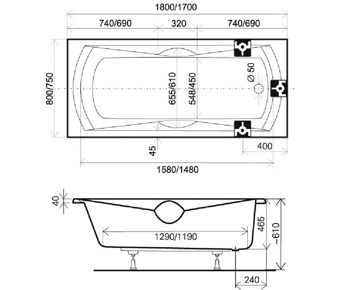 Ванна прямоугольная  SONATA C901000000:Чертеж 