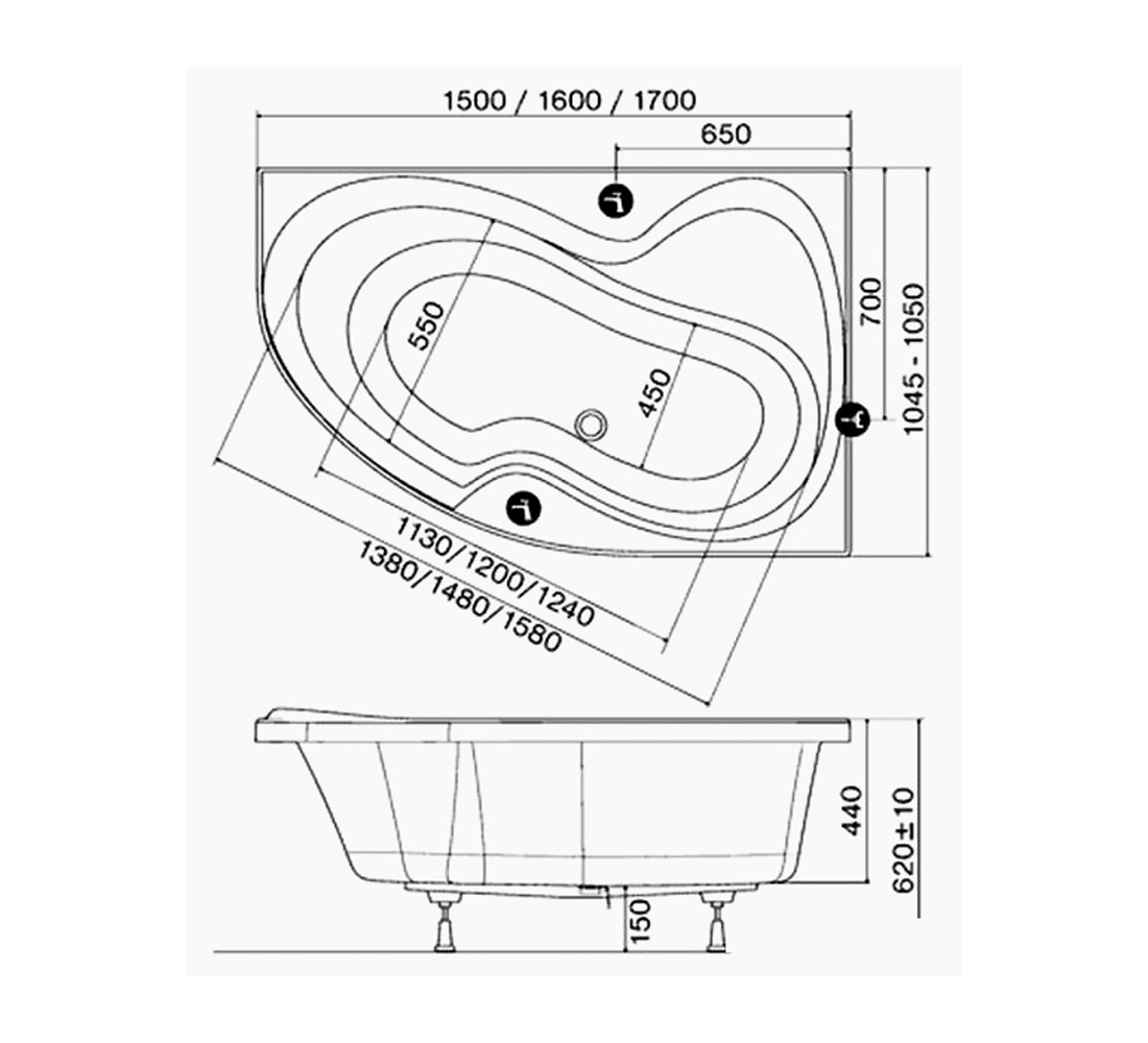 Угловая акриловая ванна, правосторонняя  ROSA R CV01000000:Чертеж 