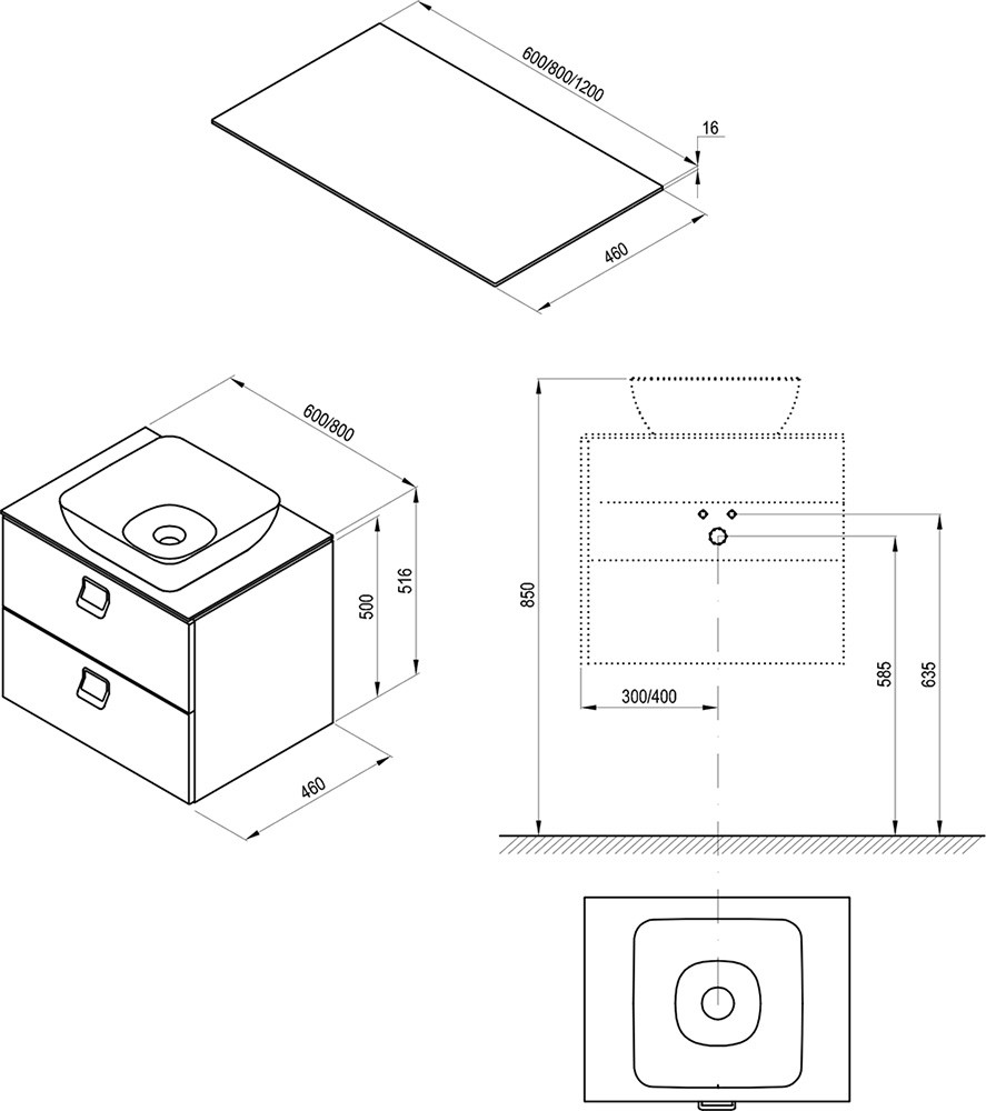 Столешница на тумбу  COMFORT 800 X000001380:Чертеж 