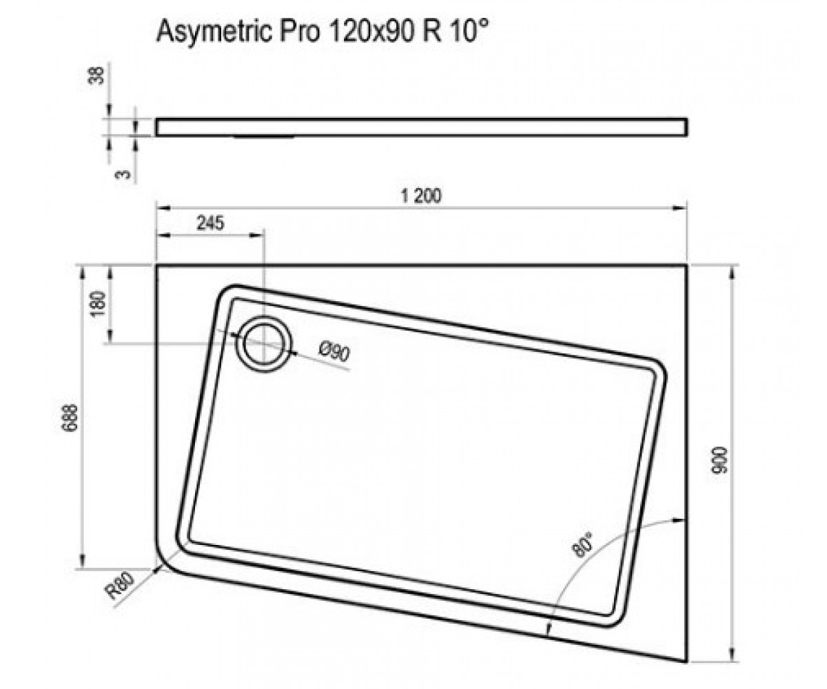 Поддон душевой  ASYMETRIC PRO 120X90 R 10° XA25G70101P:Чертеж 