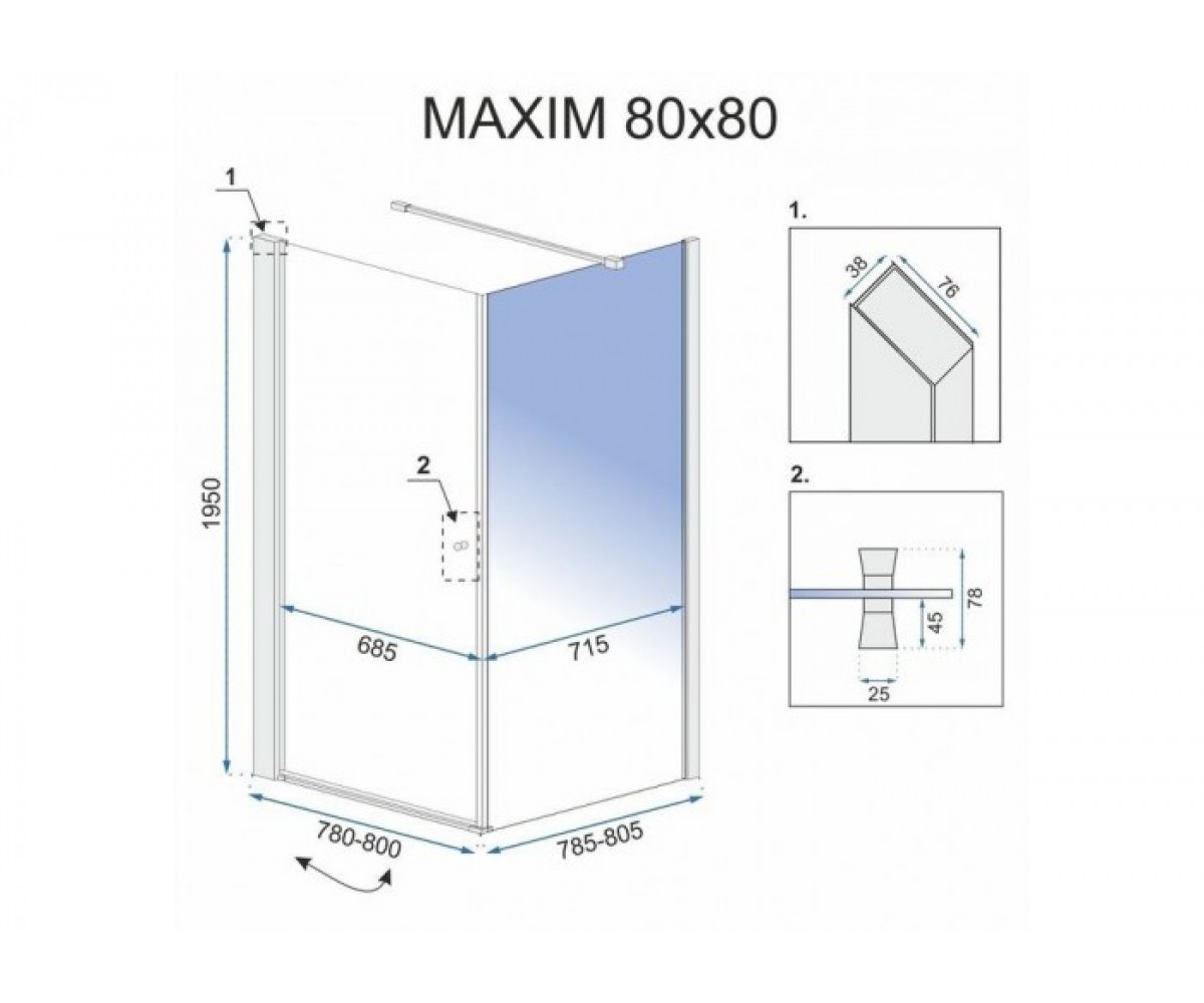 Левосторонняя кабинка 80х80 см  MAXIM REA-K0264:Чертеж 