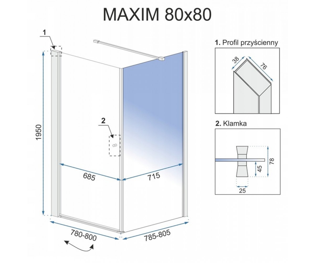 Правосторонняя кабинка 80х80 см  MAXIM REA-K0268:Чертеж 