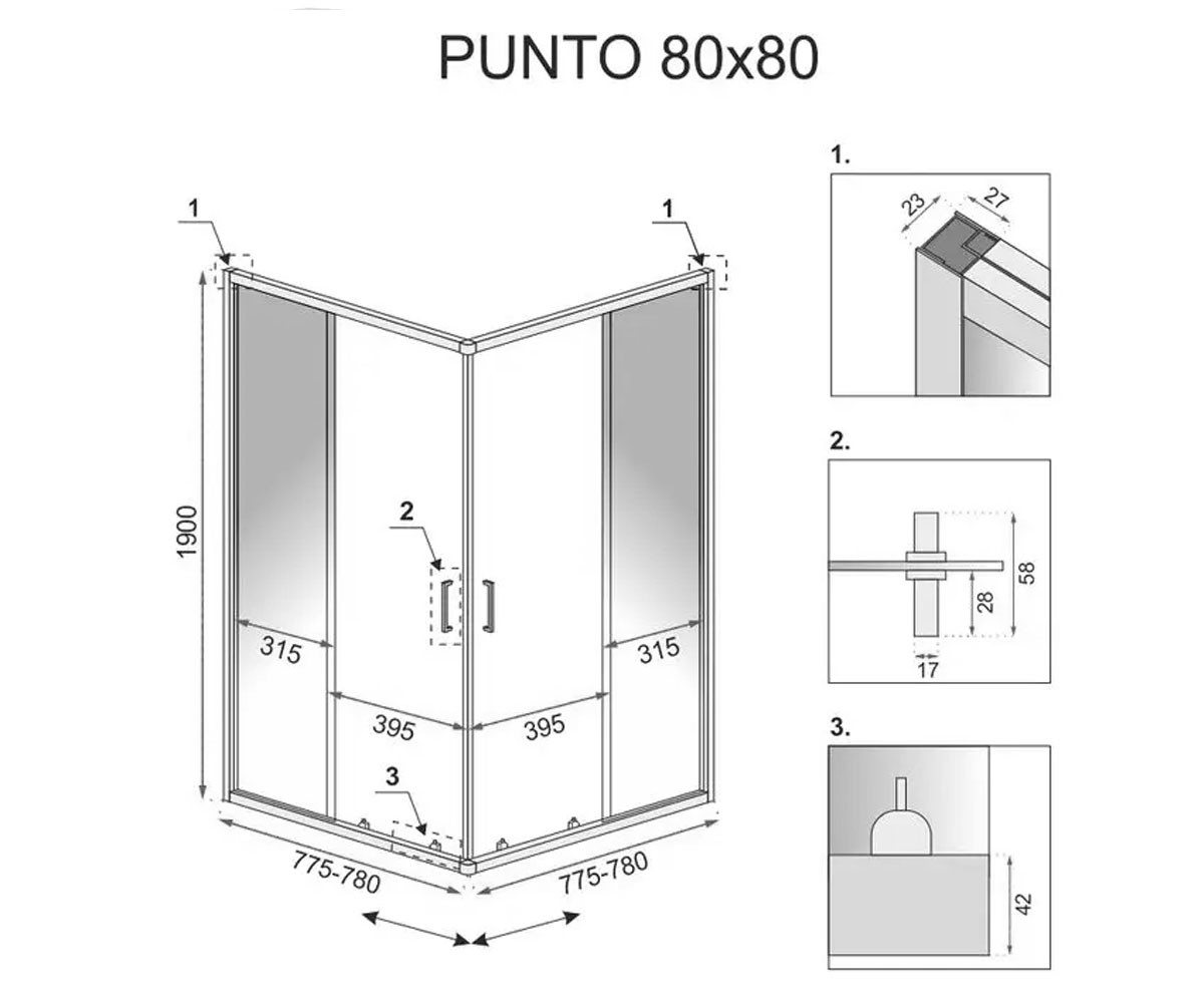 Кабинка квадратная 80х80 см  PUNTO REA-K0863:Чертеж 