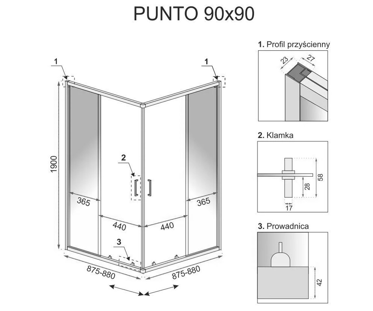 Кабинка квадратная 90х90 см  PUNTO REA-K0867:Чертеж 