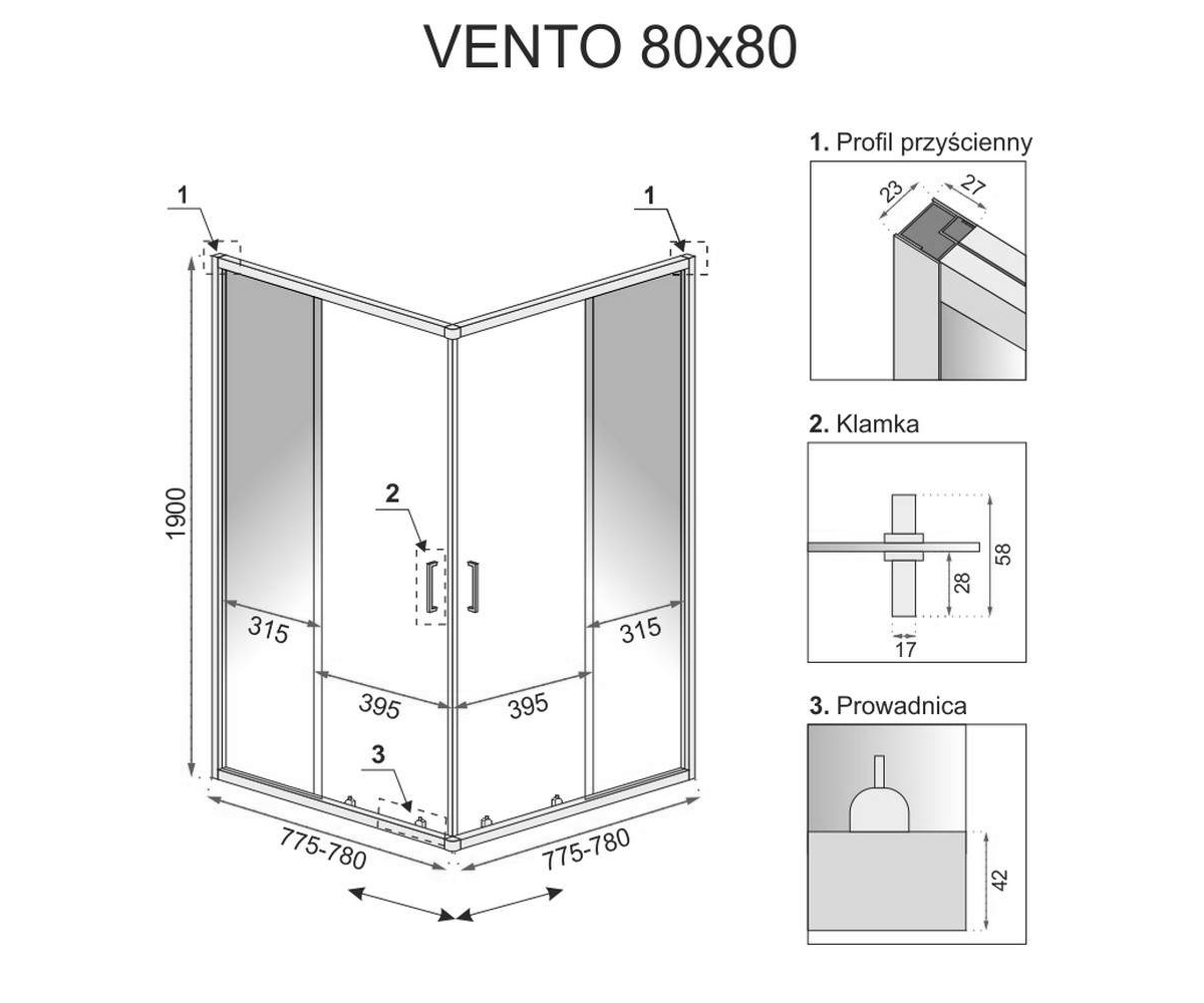 Квадратная кабина 80х80 см  VENTO REA-K0912:Чертеж 