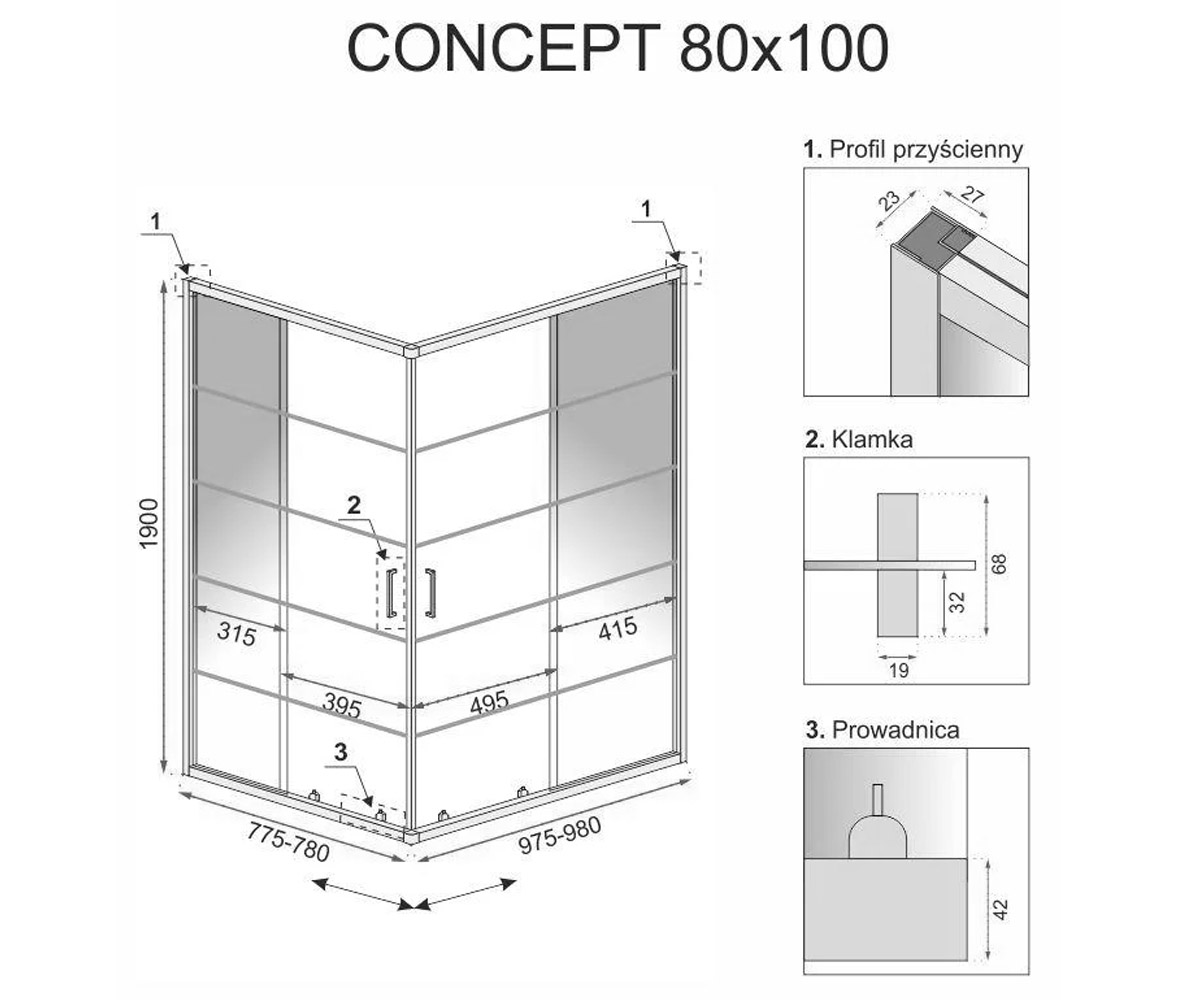 Прямоугольная кабина 80х100 см  CONCEPT REA-K6389:Чертеж 