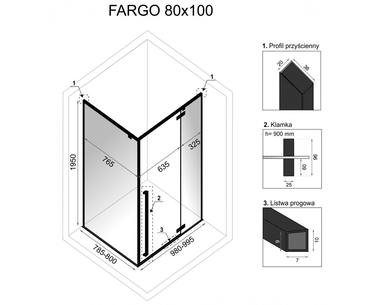 Прямоугольная кабинка 80х100 см  FARGO BLACK REA-K6950:Чертеж 