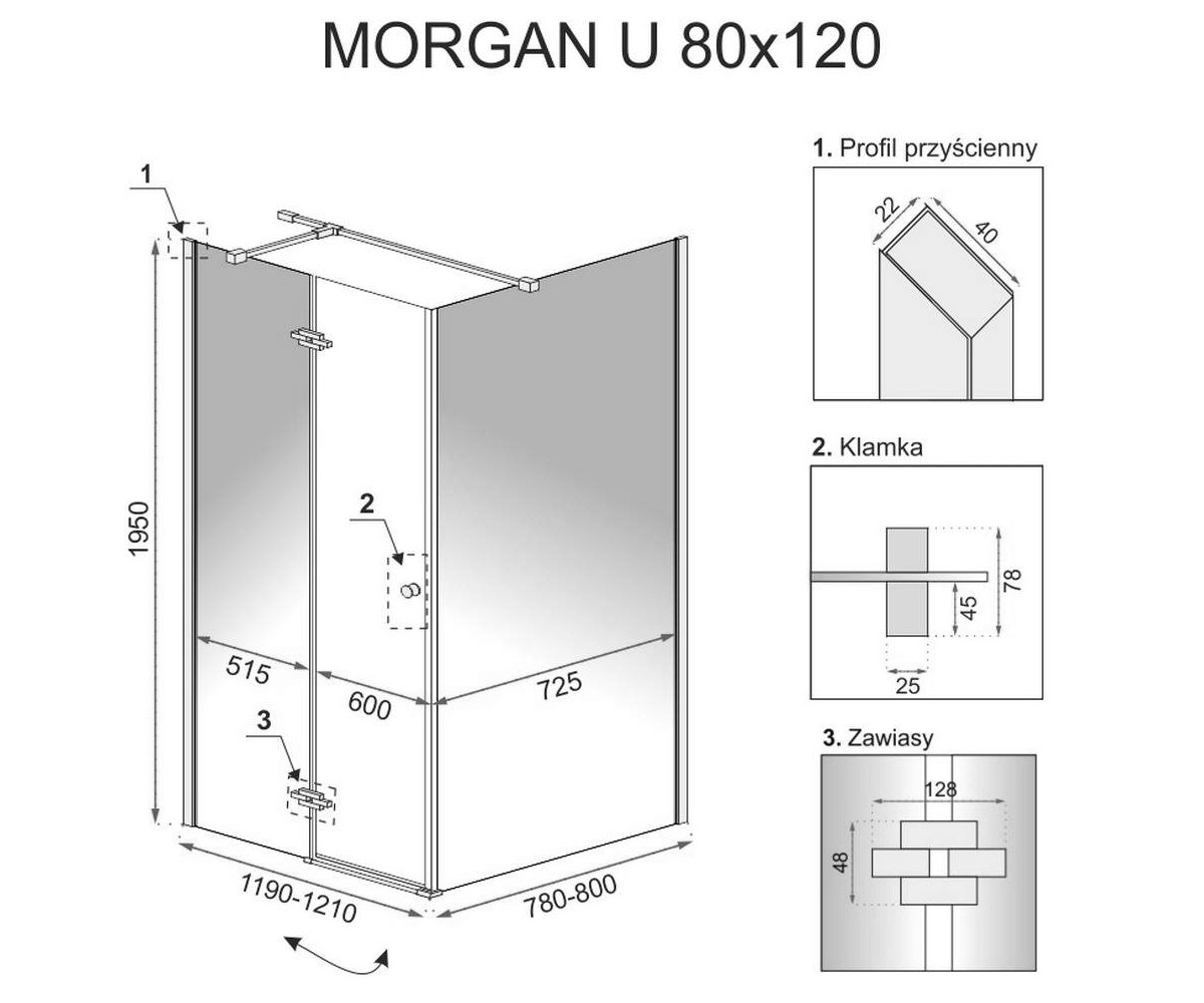 Прямоугольная кабинка 80х120 см  MORGAN REA-K7402:Чертеж 