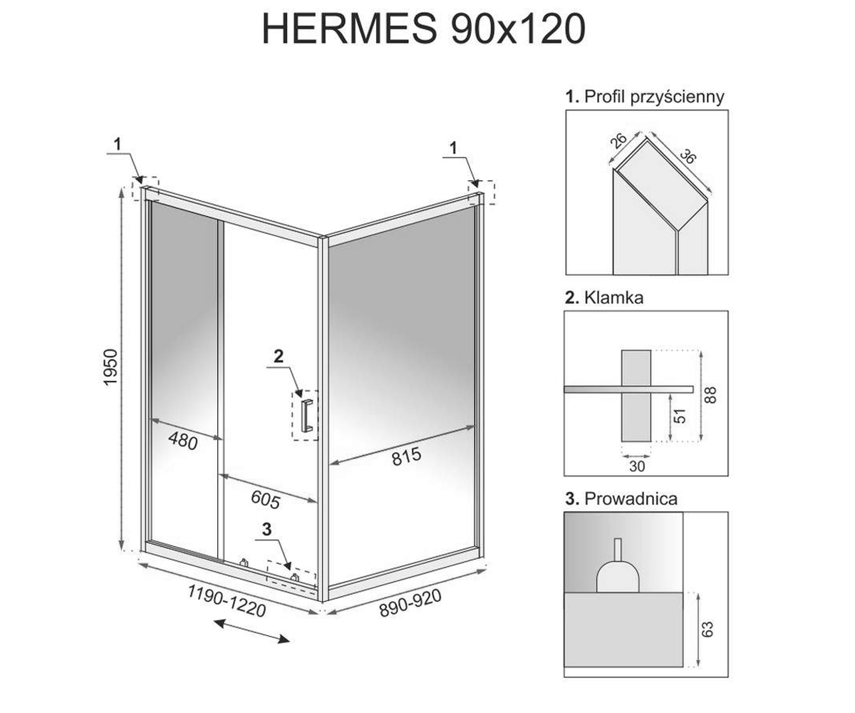 Прямоугольная кабинка 90х120 см  HERMES REA-K7418:Чертеж 