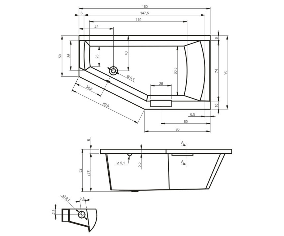 Асимметричная ванна 160х90 см  GETA B030001005:Чертеж 