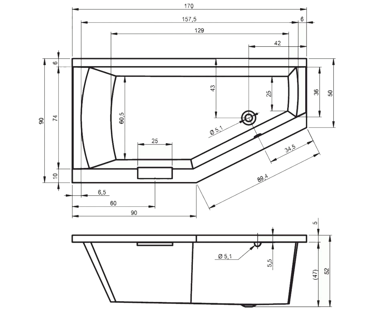 Асимметричная ванна  GETA B032001005:Чертеж 