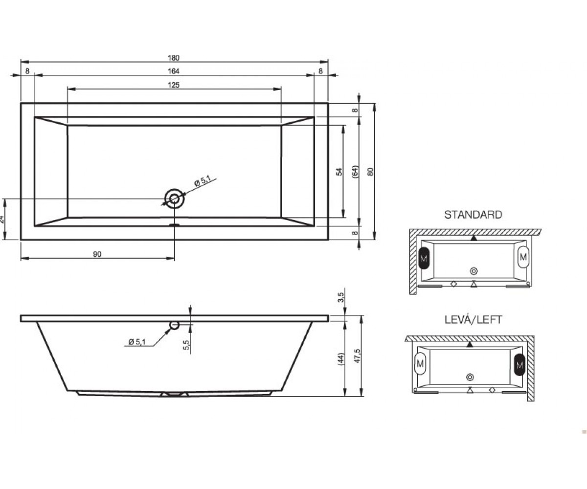Ванна универсальная 180x80 см  LUSSO B036001005:Чертеж 