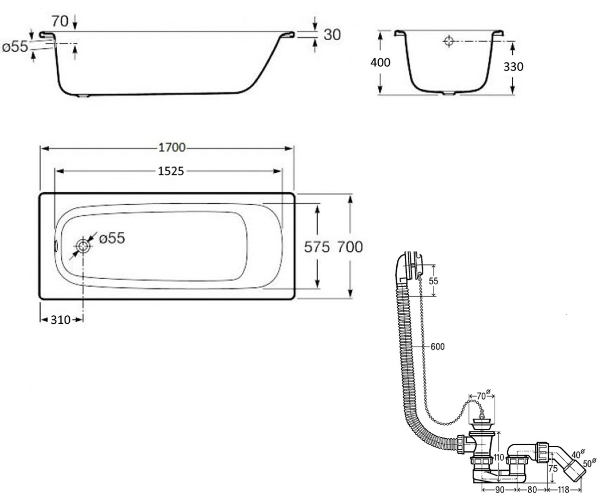 Ванна с сифоном 170х70 см  CONTESA A235860000+311537:Чертеж 