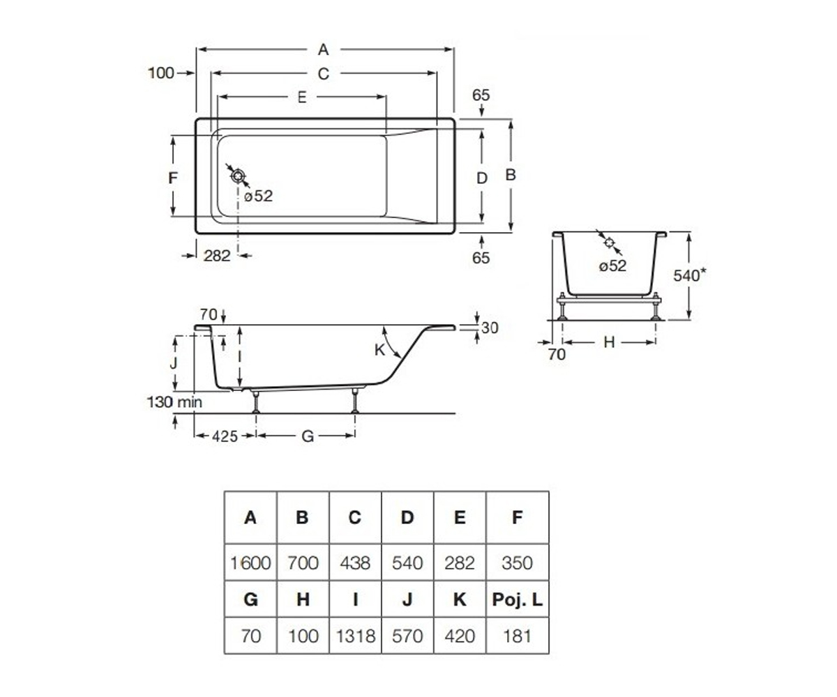 Ванна с ножками 160х70 см  EASY A248195000:Чертеж 