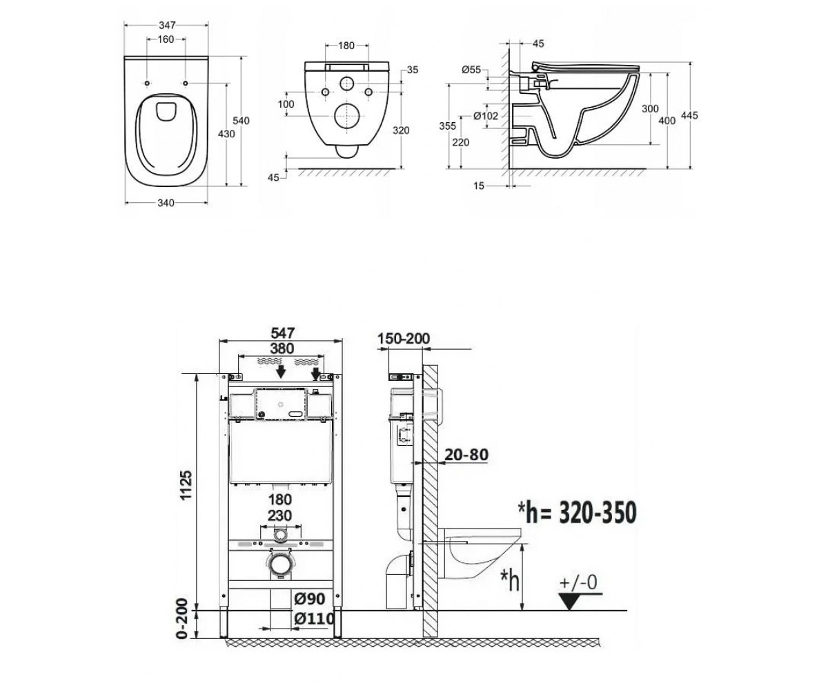 Унитаз с инсталляцией  A34H139000+A89P11001B:Чертеж 