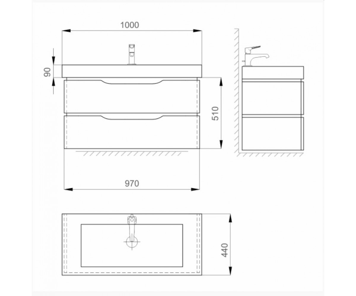 Подвесная тумба с умывальником  ALESSA AIR GREY MV0000364:Чертеж 