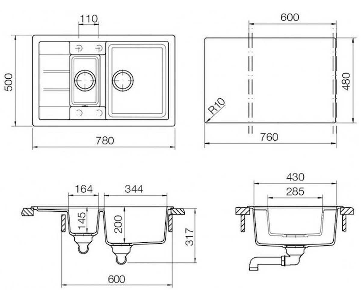 Кухонная полуторная мойка  ASTER D 60 31076022:Чертеж 
