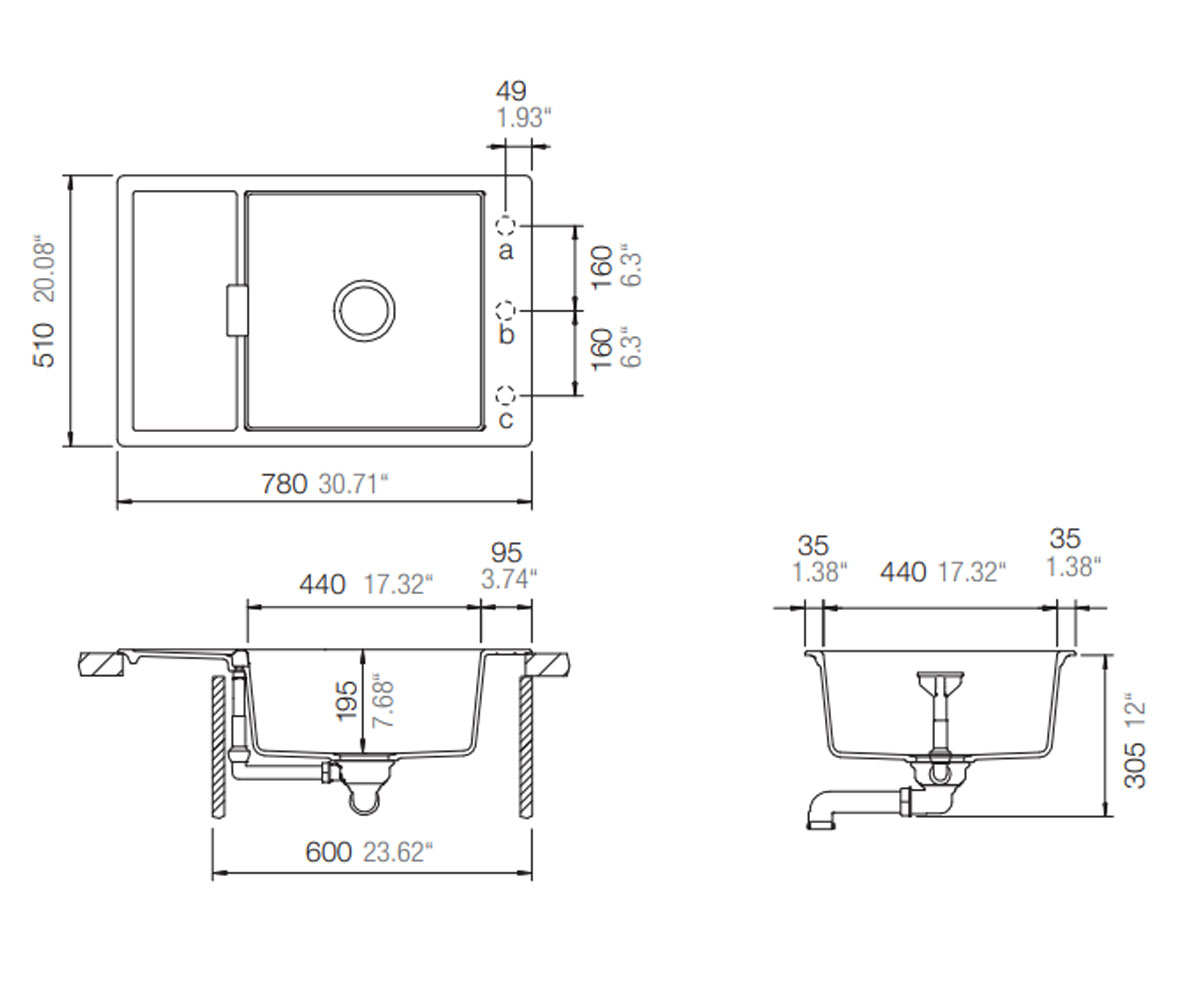 Прямоугольная мойка  MONO D 100XS 53036084:Чертеж 