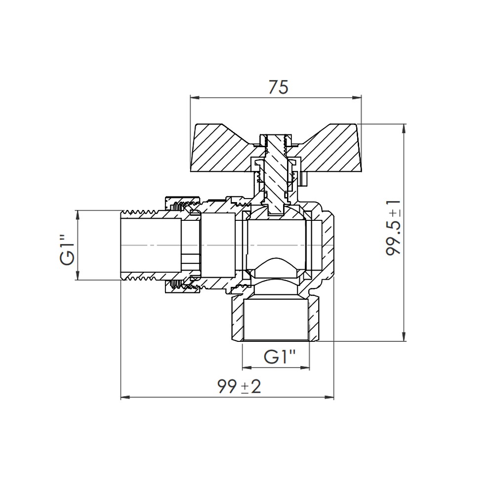 Кран шаровой американка SD Forte 1 угловой SF221W25  SF221W25:Чертеж 