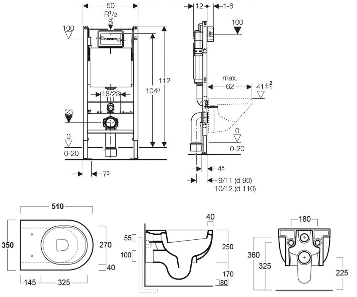 Унитаз с инсталляцией  E-LINE EL18+F85+EL004+458.121.21:Чертеж 