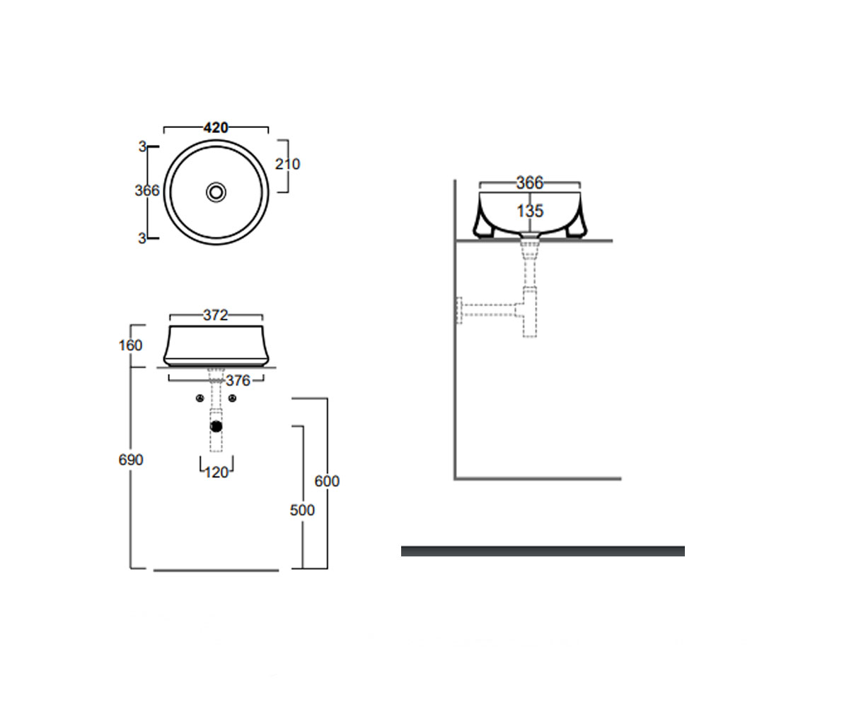 Накладная раковина  LAVABO SH02 BIANCO:Чертеж 