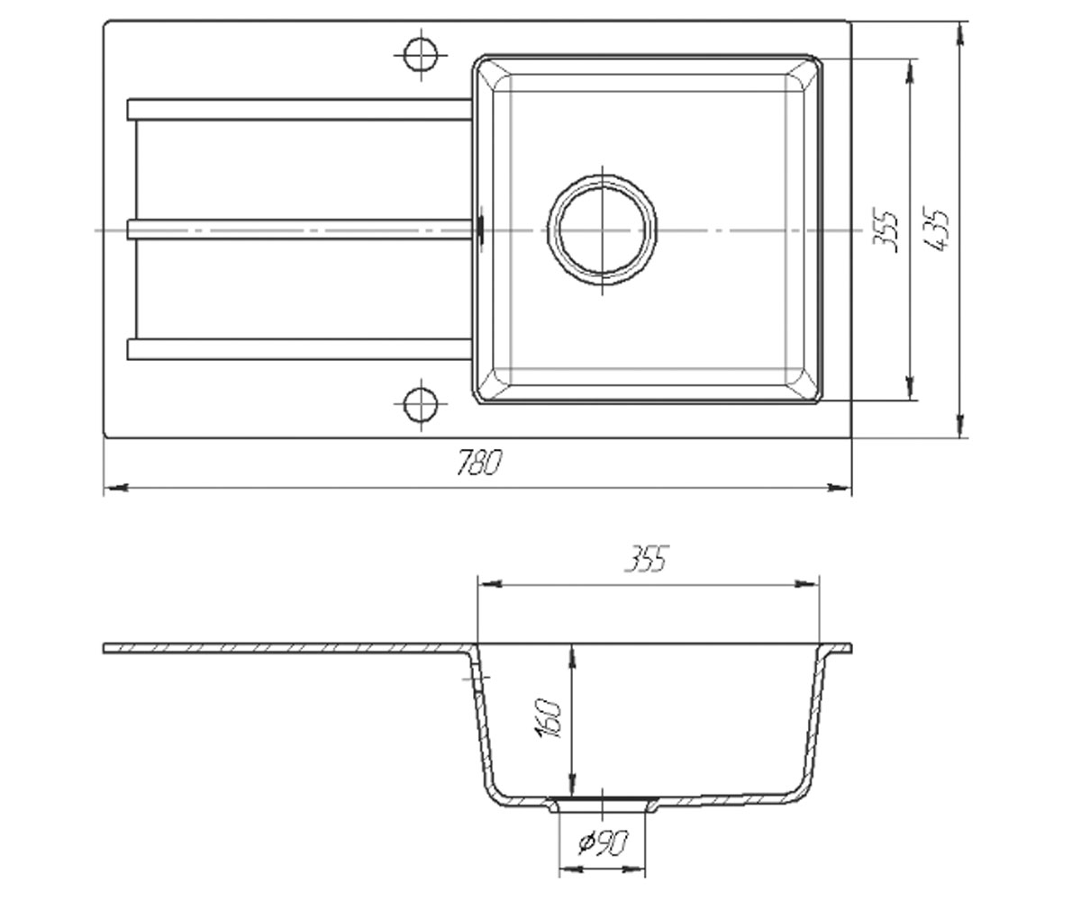 Гранитная мойка  QUADRO GRAY:Чертеж 