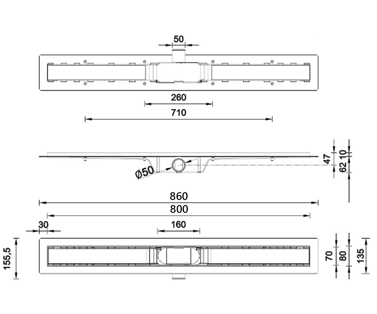 Душевой канал 86 см  MEDIUM STY-M-80:Чертеж 