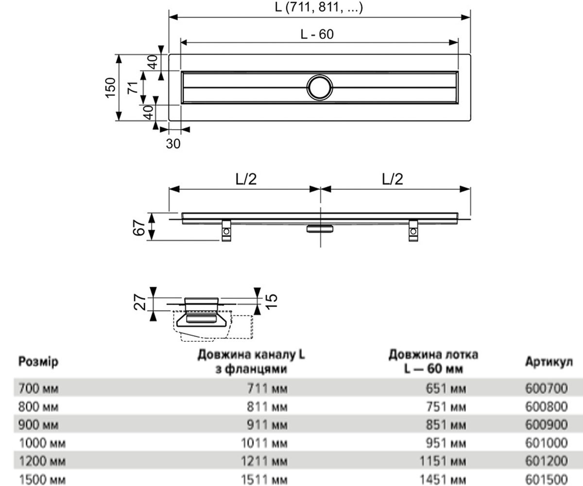 Дренажный канал 150 см  DRAINLINE 601500:Чертеж 