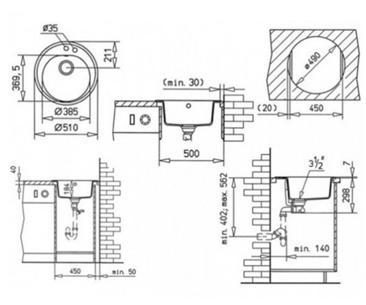 Круглая мойка  CENTROVAL 45 TG 40143216:Чертеж 