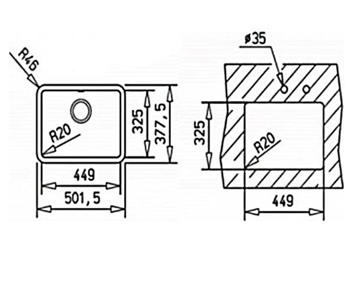 Кухонная гранитная мойка  RADEA 450/325 TG 40143652:Чертеж 